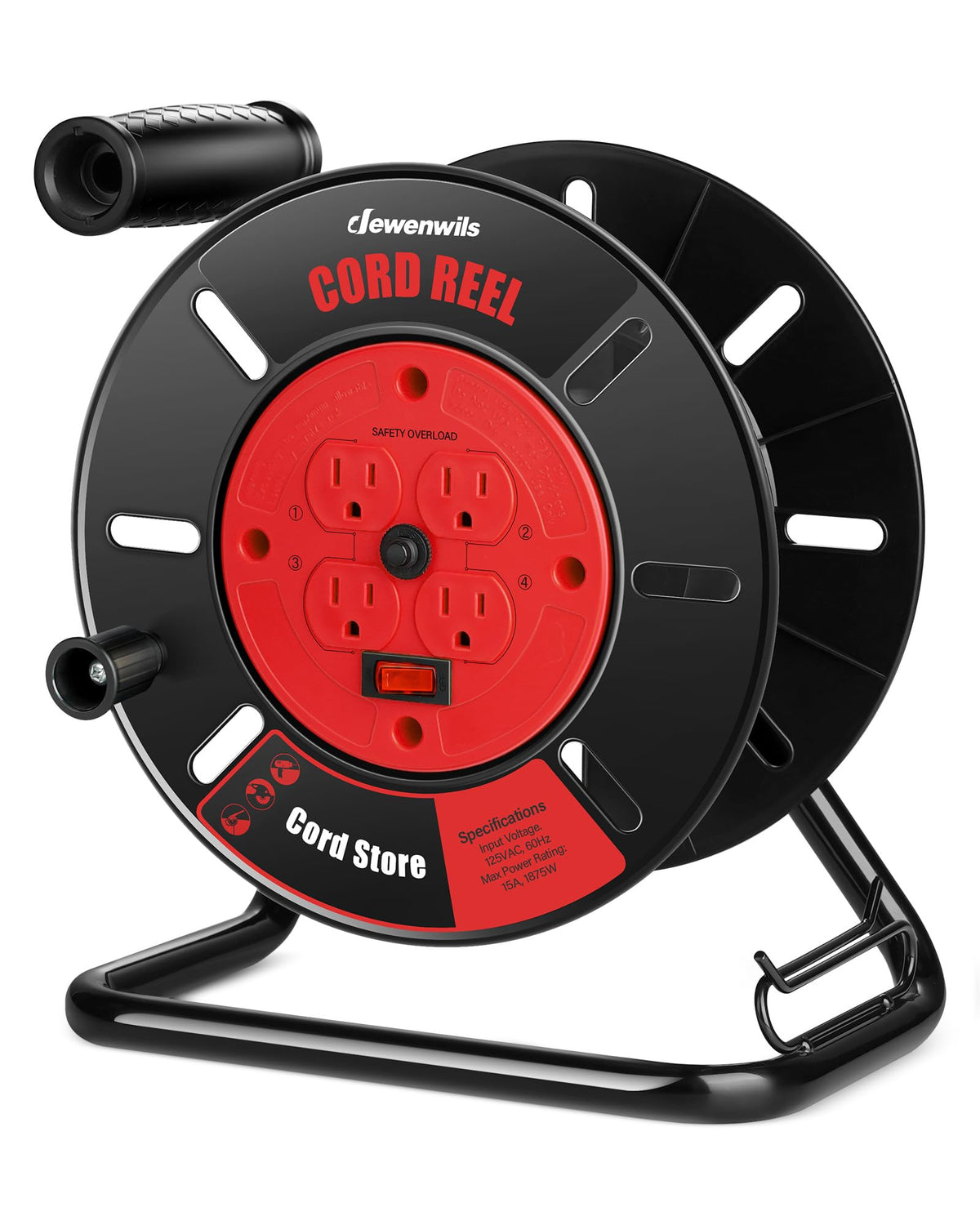 DEWENWILS front view reel with four grounded outlets and tidy cable storage benefit