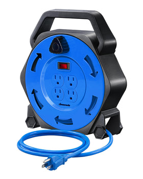 DEWENWILS front view showing handle and compact reel, easy transport benefit