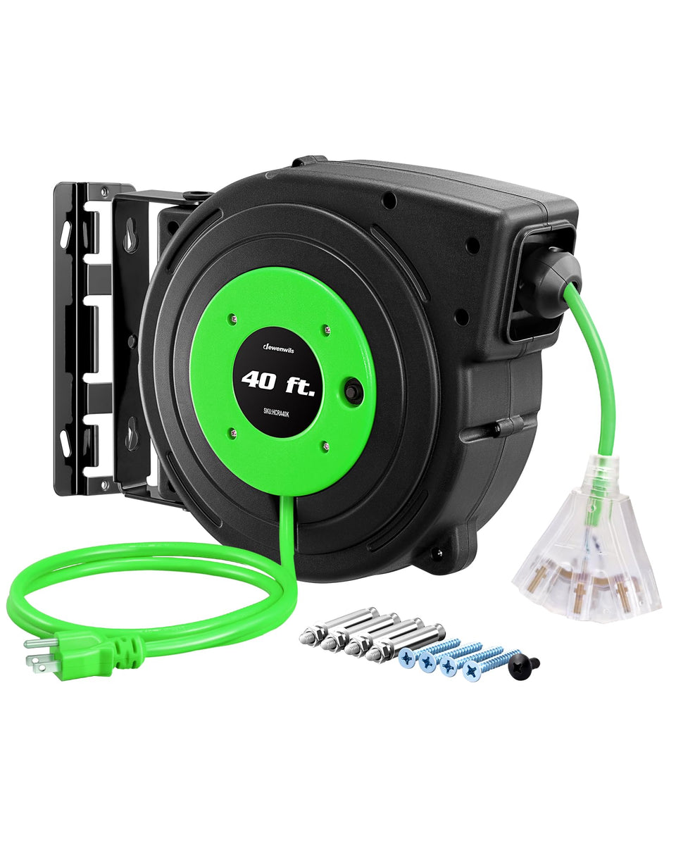 DEWENWILS retractable extension cord reel showing 40 ft reach for flexible power access