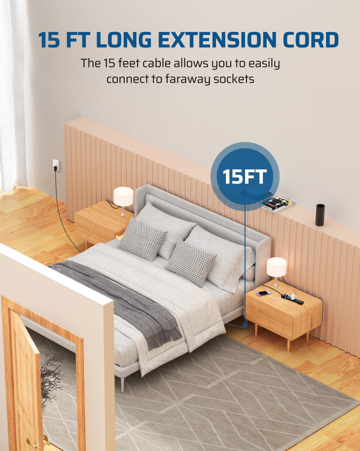 DEWENWILS stretched 15 ft cord demonstrating long reach to distant wall outlets