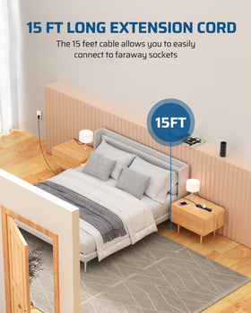 DEWENWILS stretched 15 ft cord demonstrating long reach to distant wall outlets