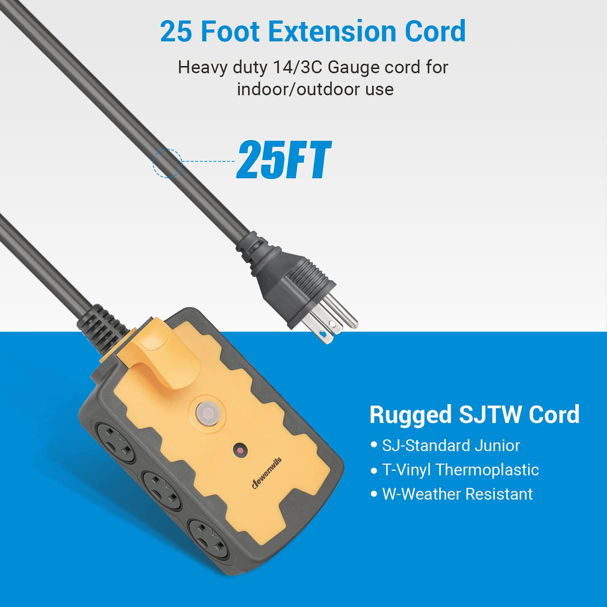 DEWENWILS twenty-five foot cord demonstrates reach for outdoor lighting tasks.