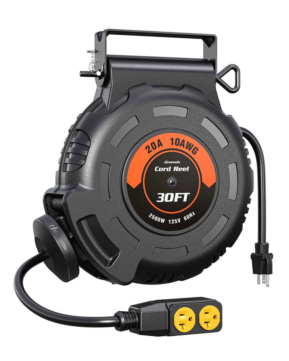 DEWENWILS 30ft retractable extension cord reel extended for convenient power access