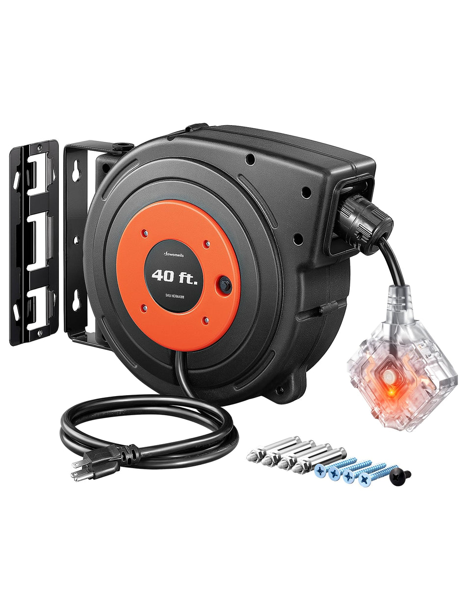 DEWENWILS 40 ft retractable reel with six outlets for organized garage power