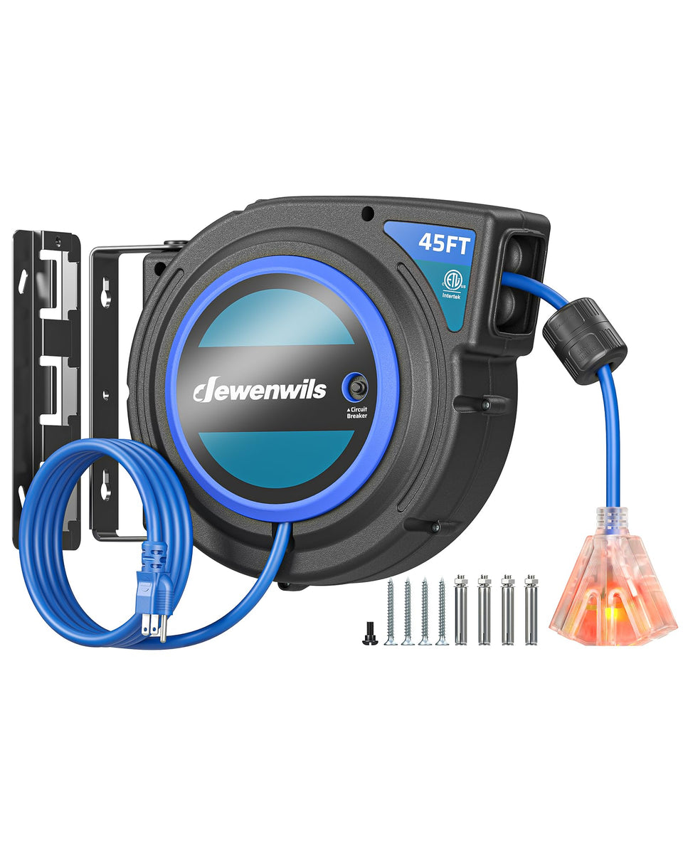 DEWENWILS 45ft retractable cord reel with smooth auto-retract for tidy cords