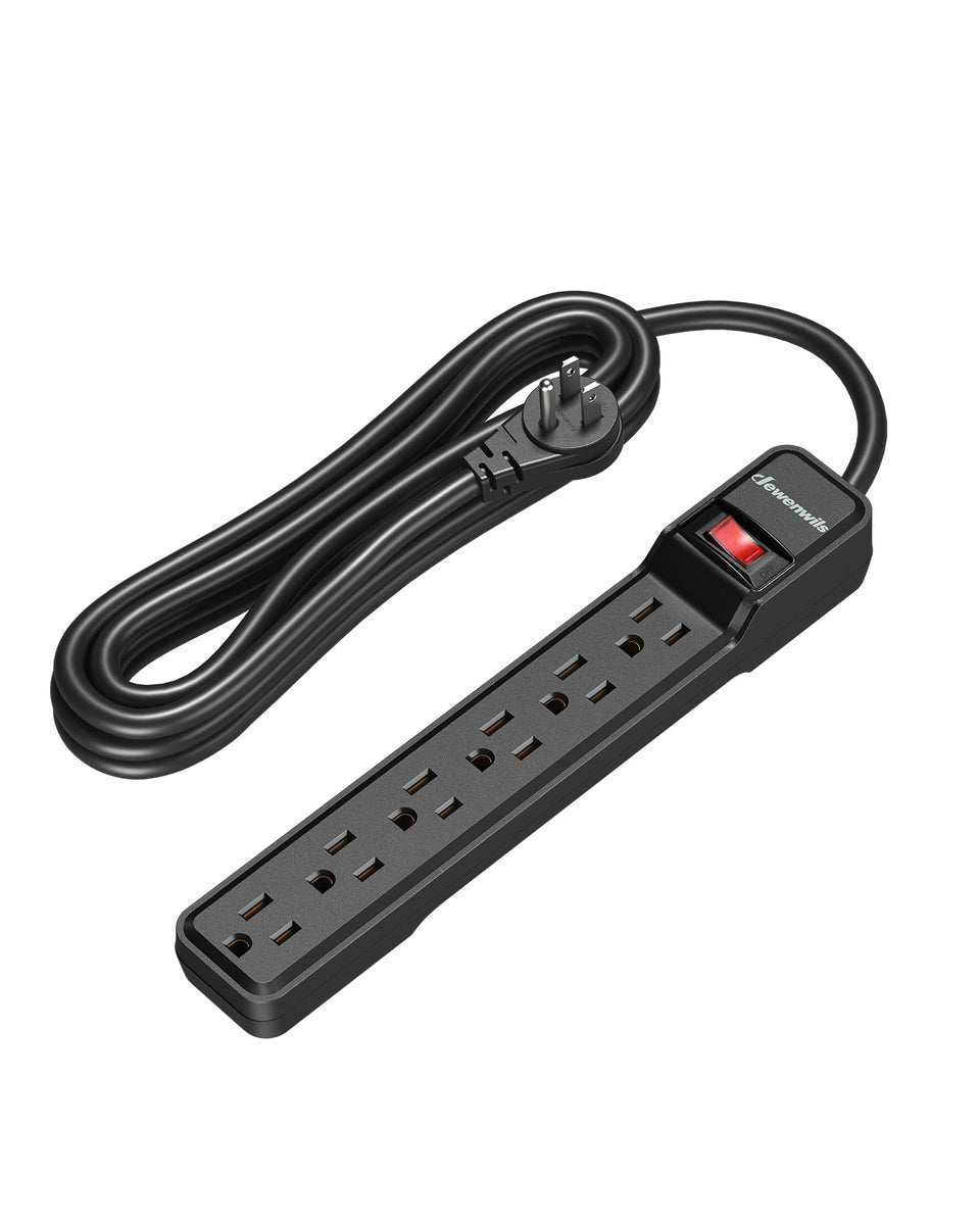 Dewenwils 6-outlet surge protector powers a home theater setup with reliable surge protection.