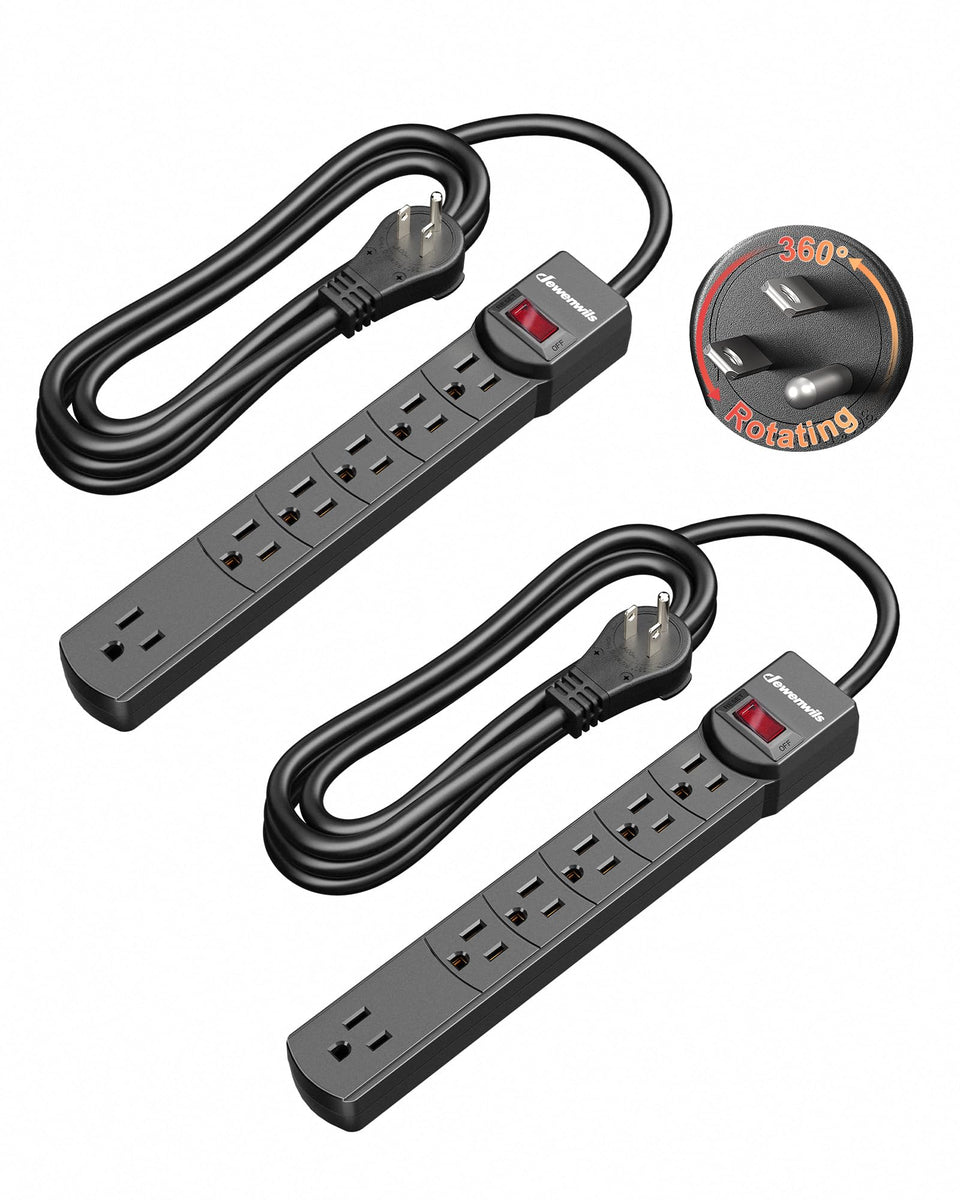 DEWENWILS six foot power strip with rotating flat plug for flexible wall placement.