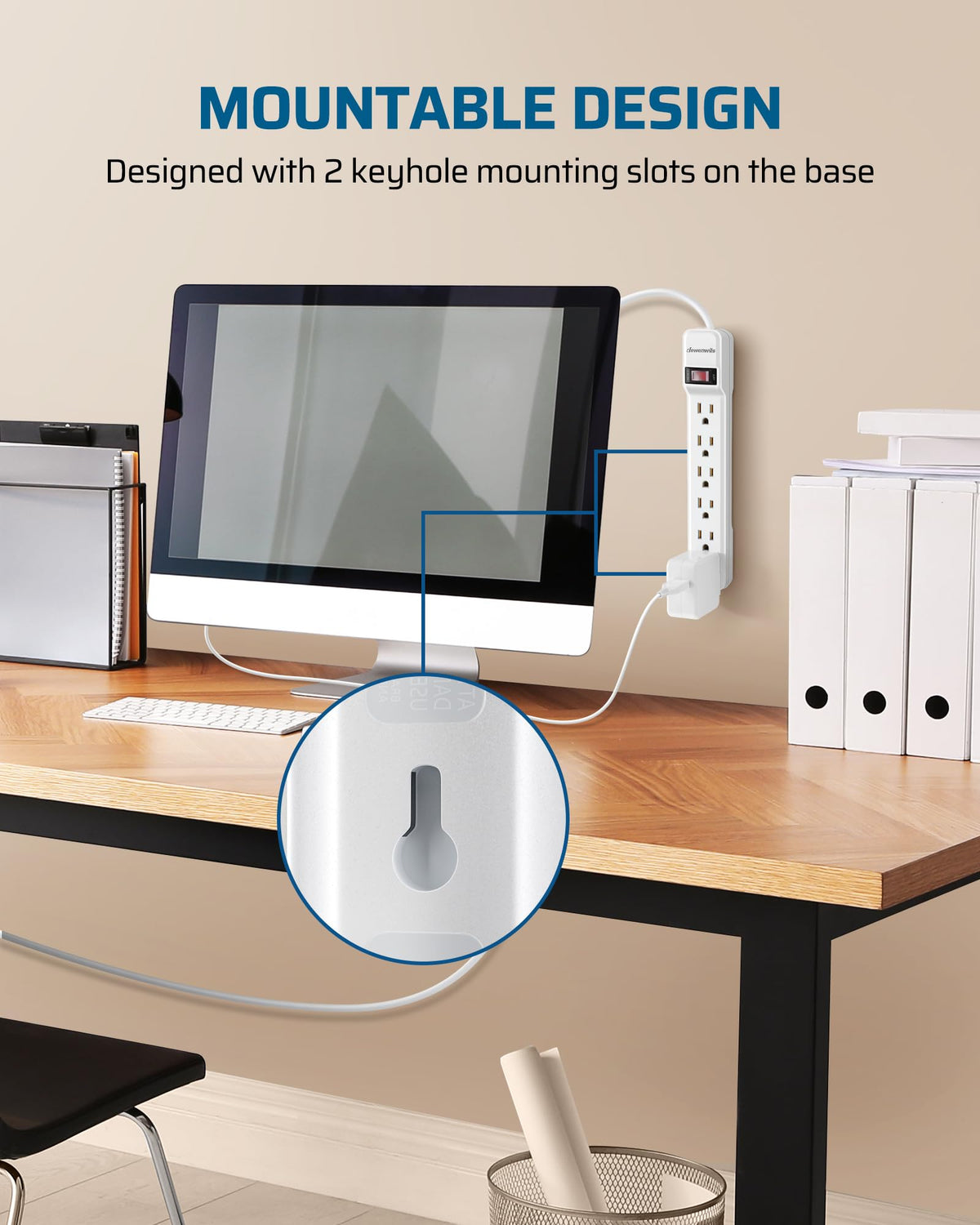 DEWENWILS installed behind TV in media cabinet to reduce visible cords and clutter