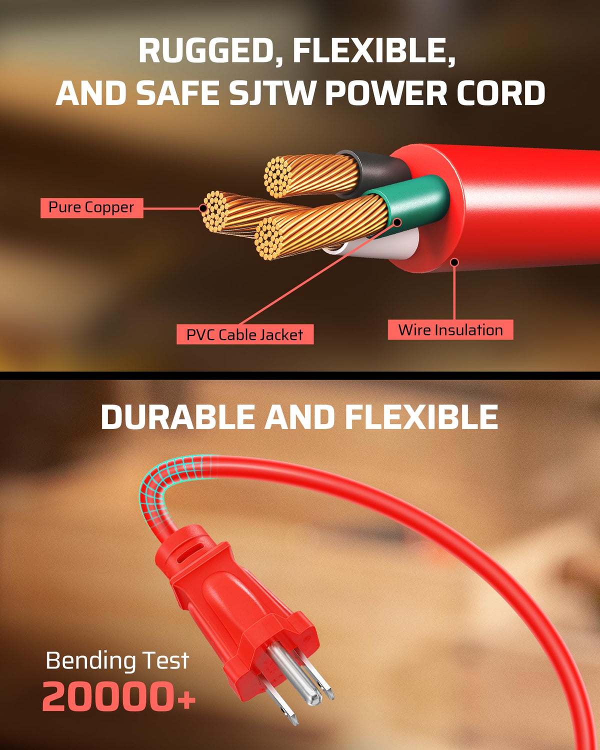 DEWENWILS cable texture and plug end highlighting durable SJTW cord