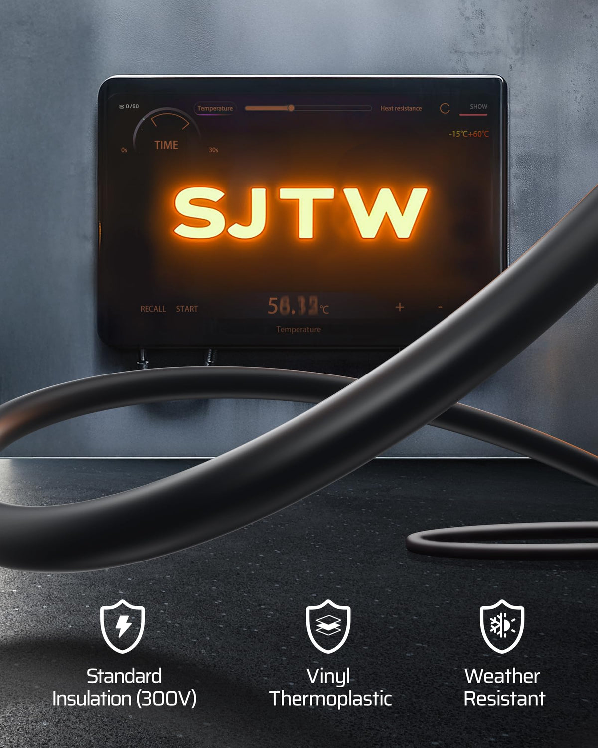 DEWENWILS cable jacket detail showing SJTW texture and weather resistance for durability