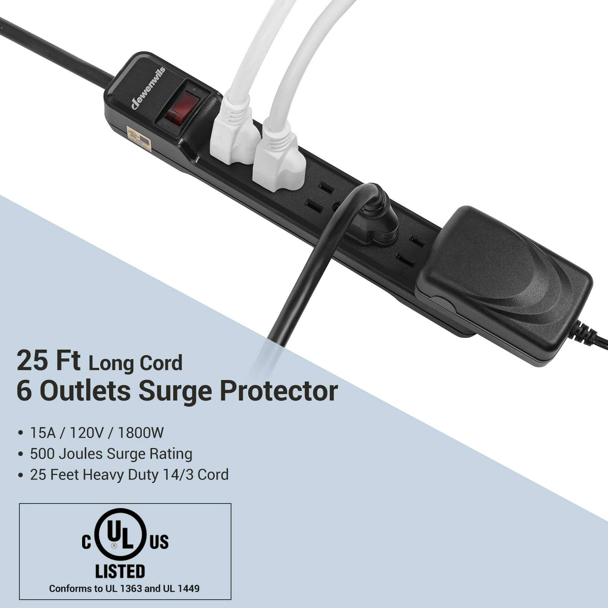 DEWENWILS close-up of the low-profile flat plug and right-angle design for space savings