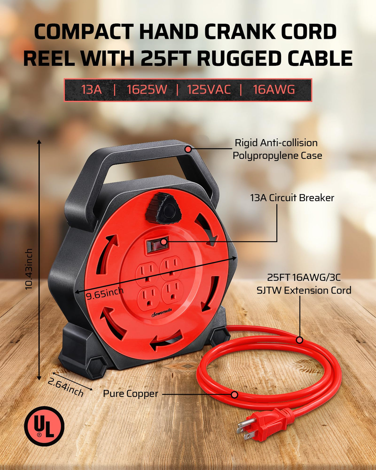 DEWENWILS fully extended red 25 ft SJTW power cord demonstrating reach and visibility