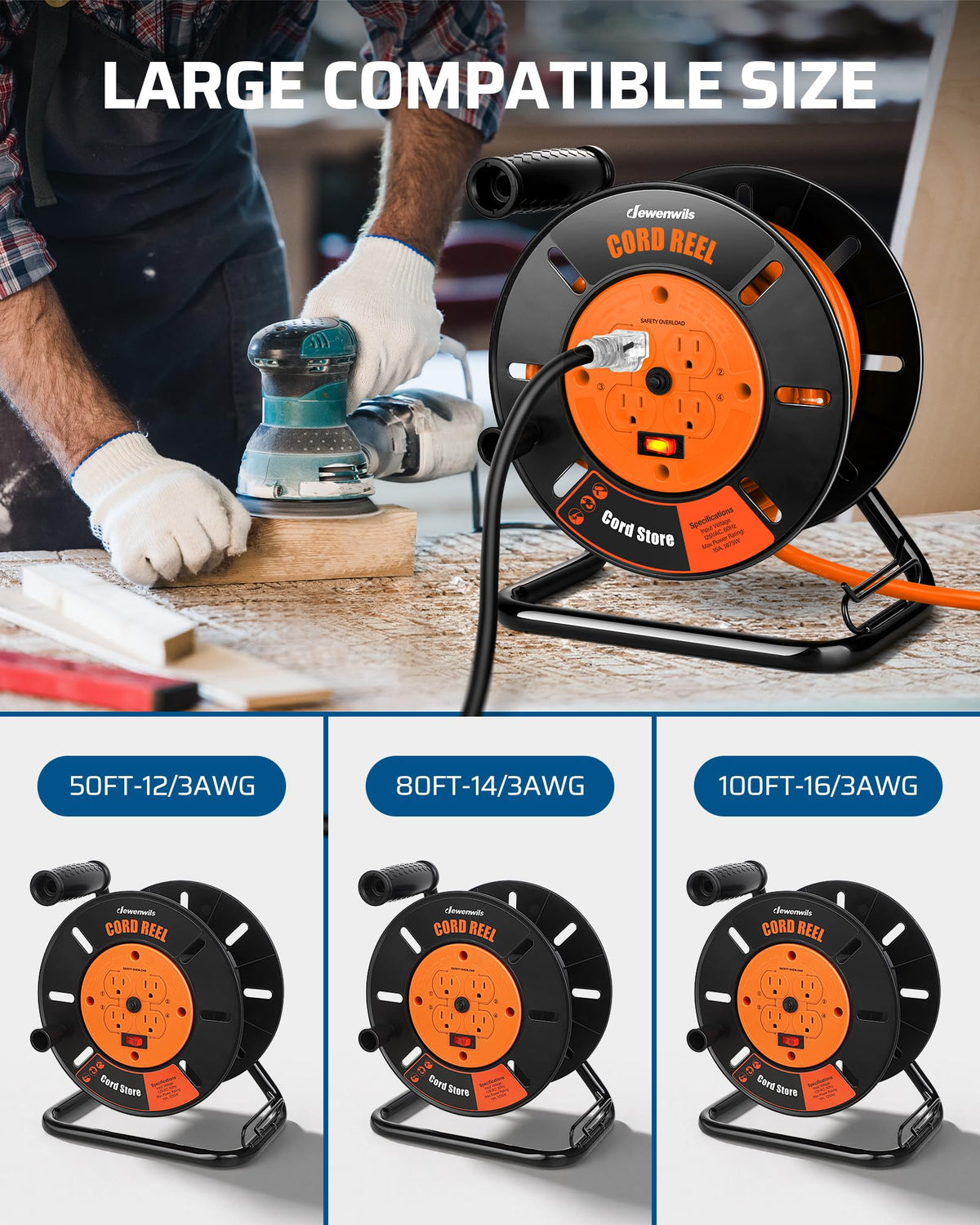 DEWENWILS cord reel being hand-wound in a garage for fast setup and tidy storage benefit