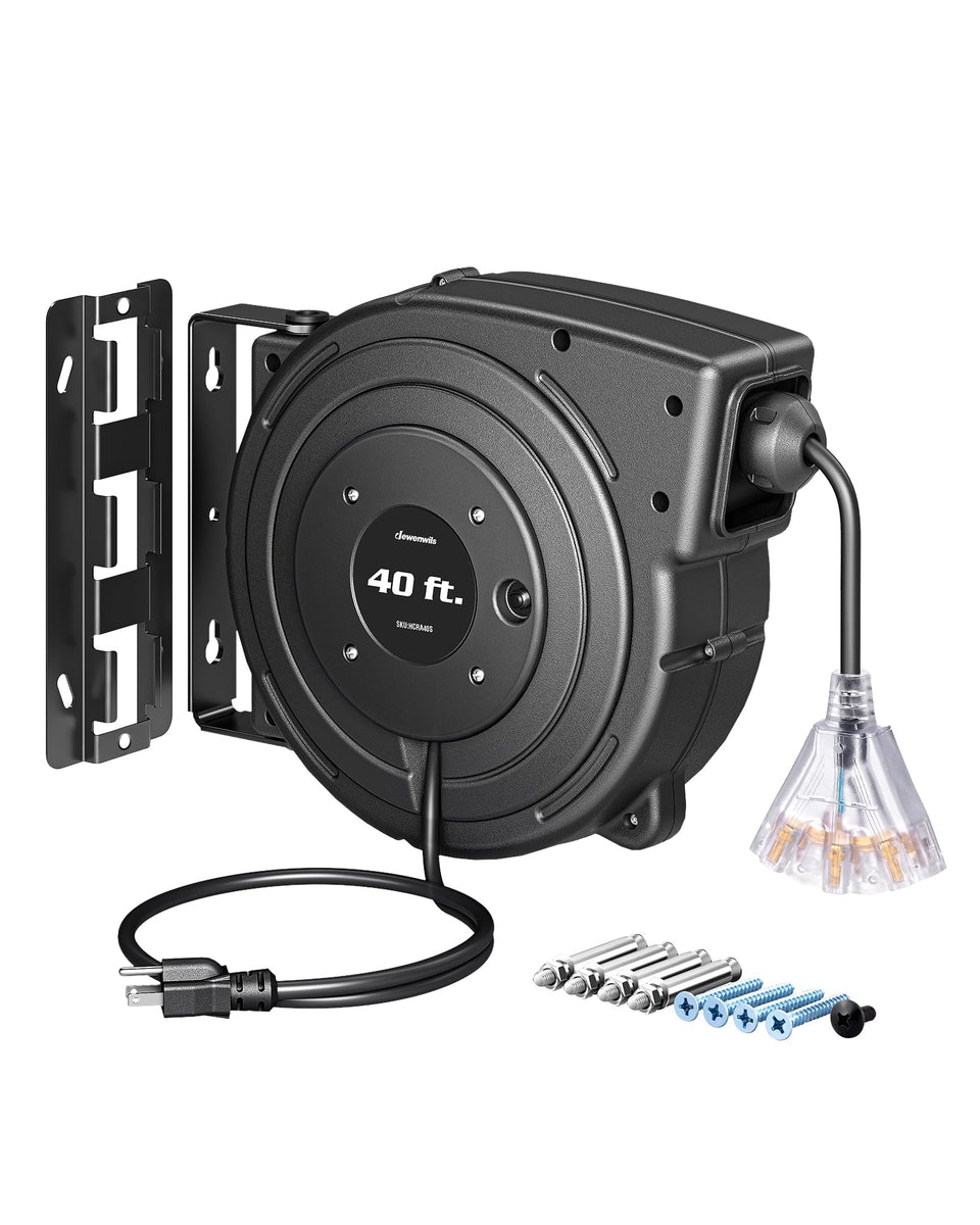 DEWENWILS extension cord reel 40ft with three outlets for versatile reach.