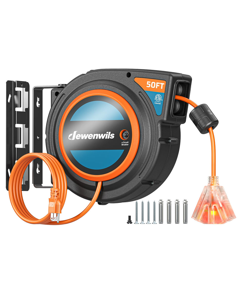 DEWENWILS extension cord reel with twist-lock stopper for tidy retraction and adjustable length