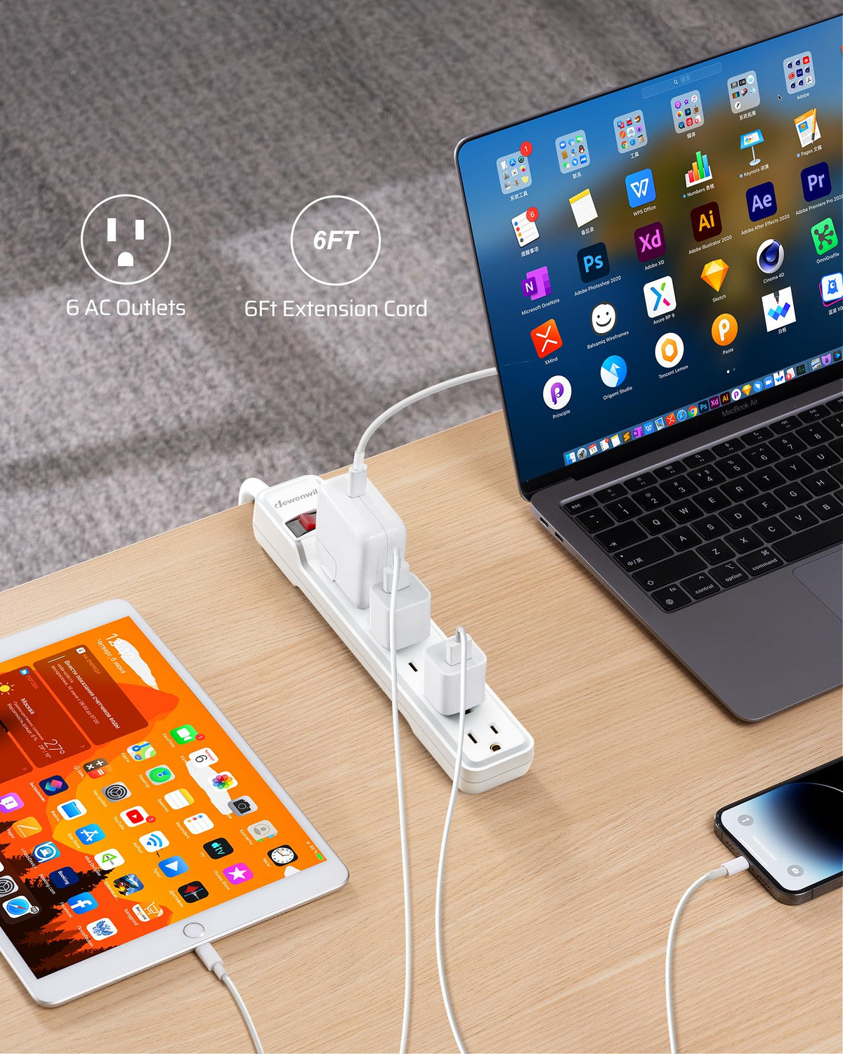 DEWENWILS low-profile flat plug sitting against wall to save space behind furniture