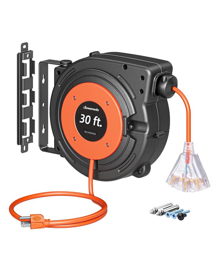 DEWENWILS front view of retractable reel showing compact storage benefit