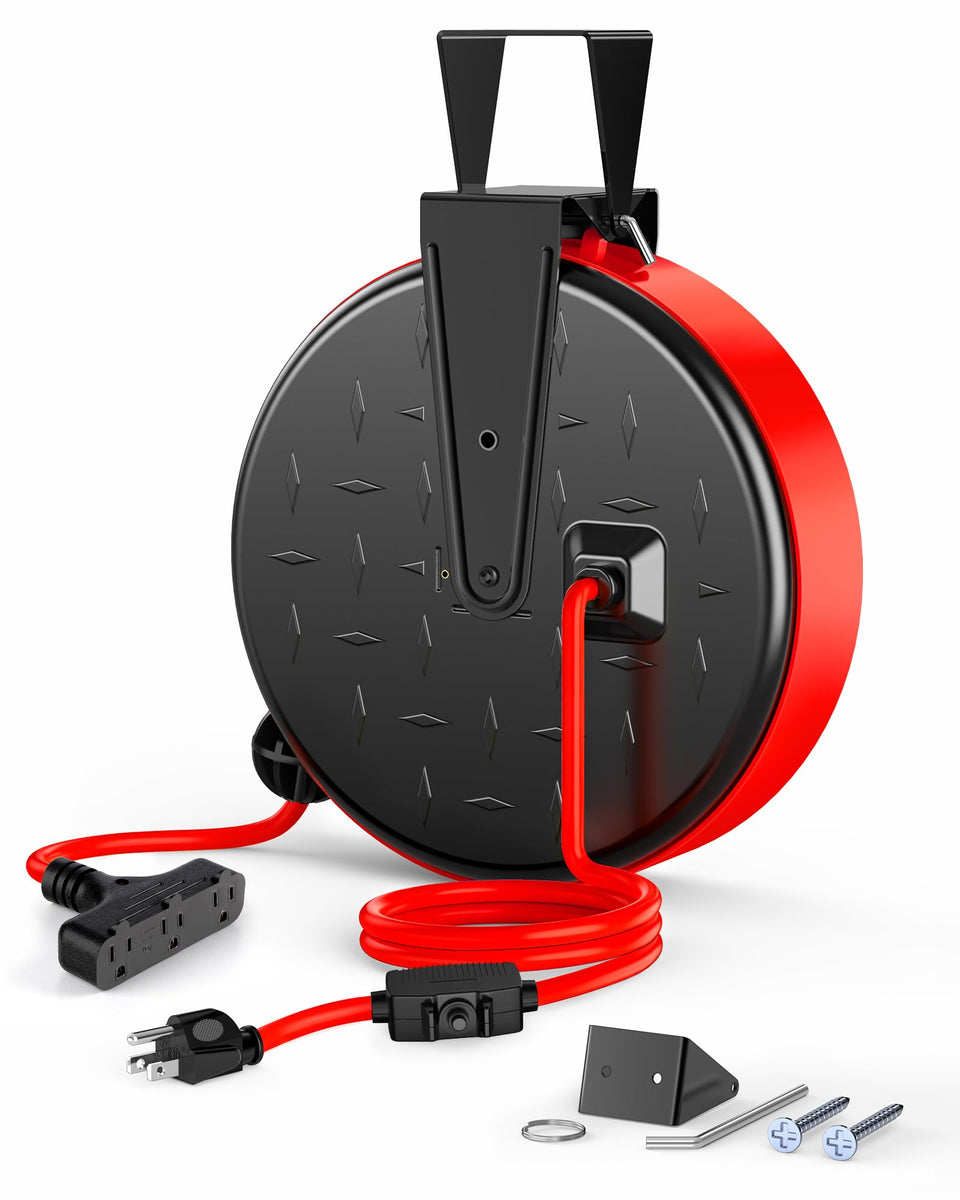 DEWENWILS front view of retractable reel showing three outlets and red housing for organized power