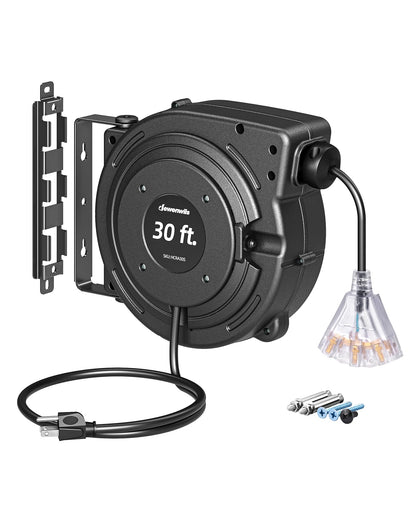 DEWENWILS front view of reel showing tidy coiled cable and compact housing for organized power