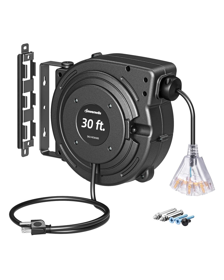 DEWENWILS front view of reel showing tidy coiled cable and compact housing for organized power