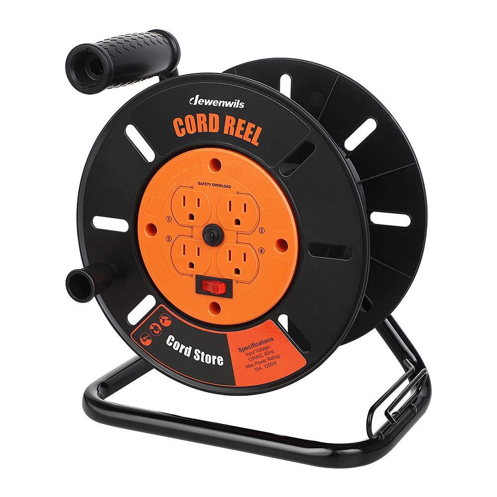 DEWENWILS front view of extension cord reel showing four outlets and compact design benefit