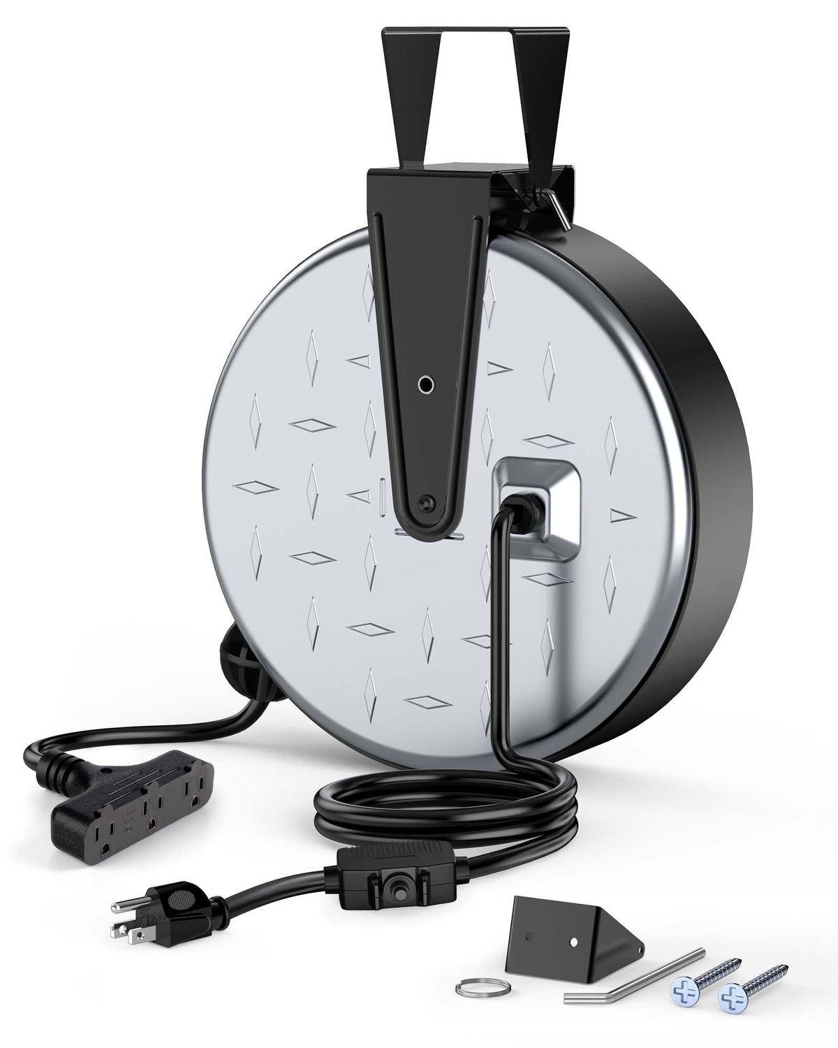 DEWENWILS front view of metal cord reel showing compact durable housing and easy access
