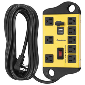 DEWENWILS front view showing eight outlets and two USB ports for versatile power