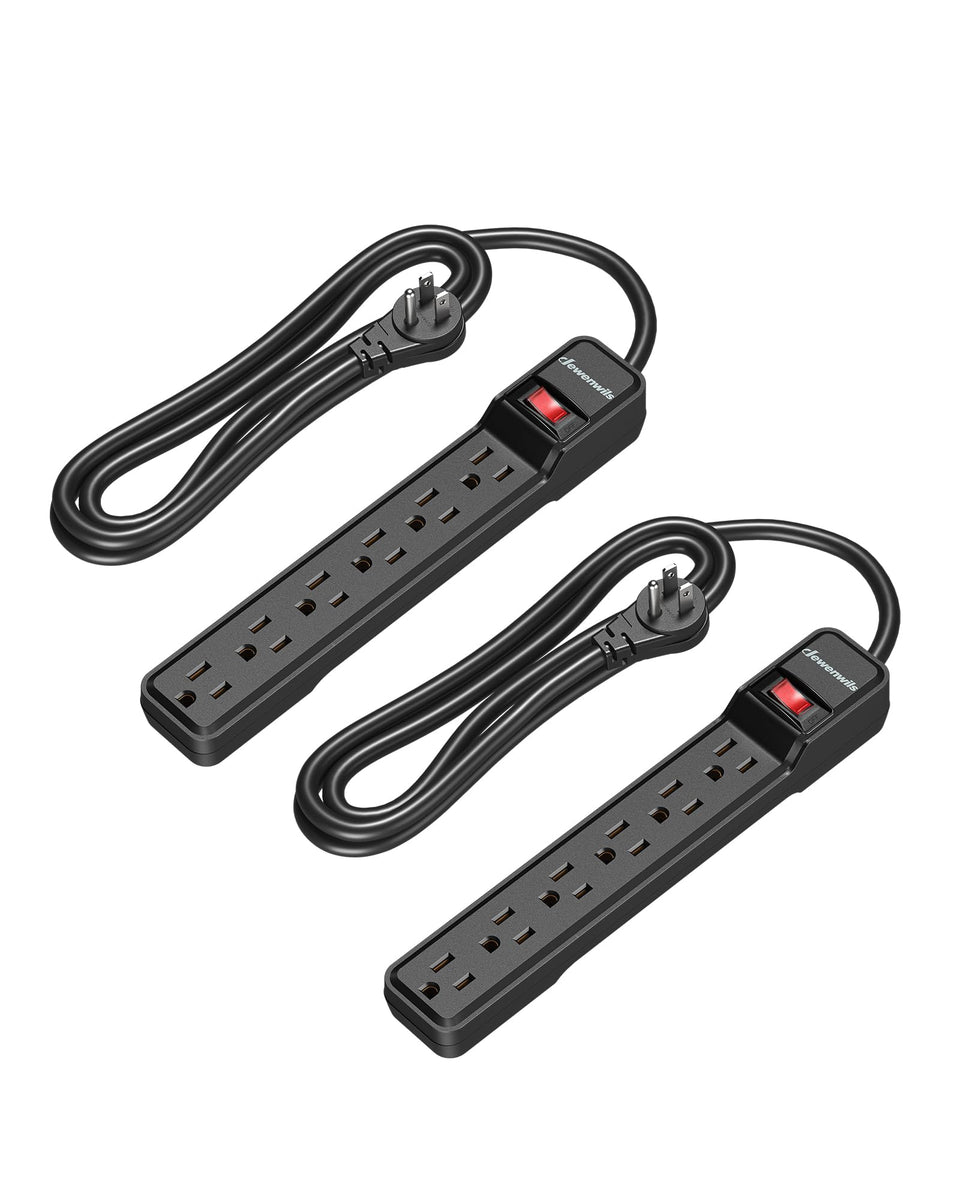 DEWENWILS front view of two power strips showing six outlets and power switch for organized powering
