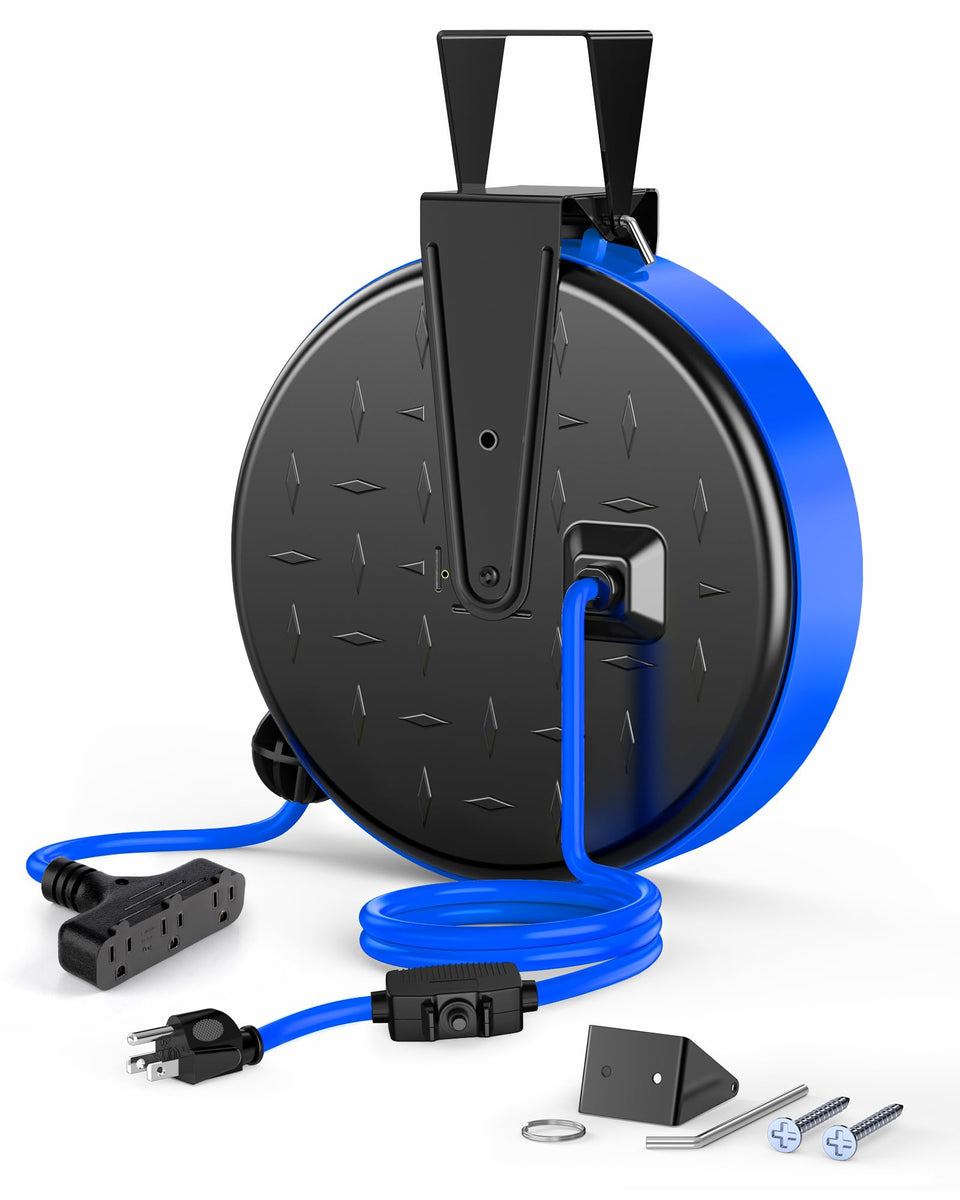 DEWENWILS front view showing blue retractable reel and housing, neat storage benefit