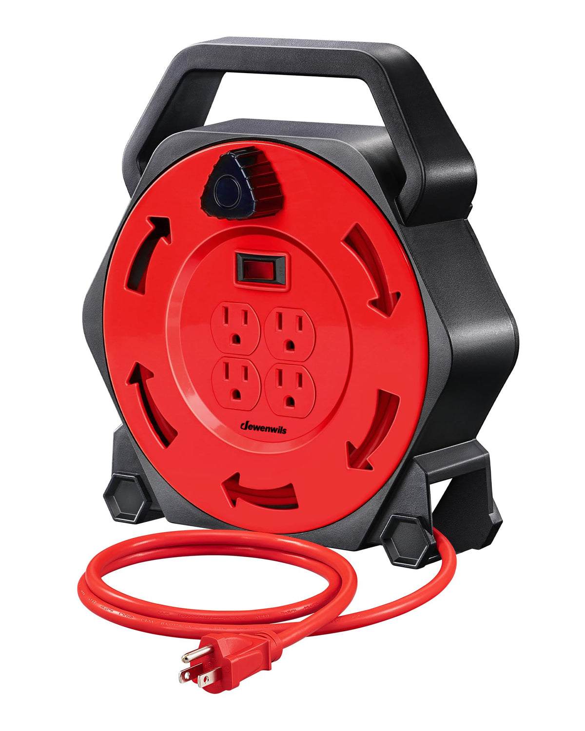 DEWENWILS front view of red extension cord reel showing compact design and portability