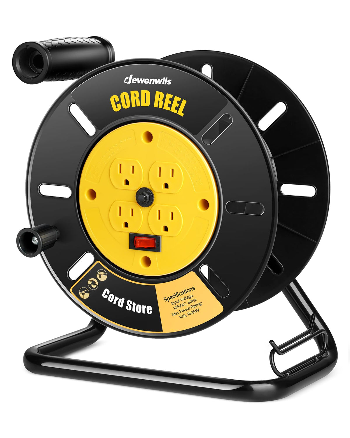 DEWENWILS front view of yellow cord reel showing compact portability and visibility