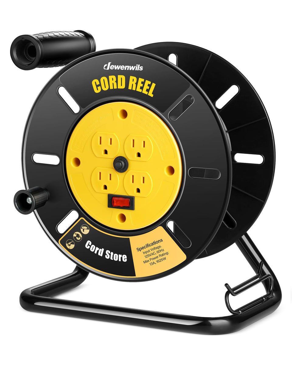 DEWENWILS front view of yellow cord reel showing compact portability and visibility