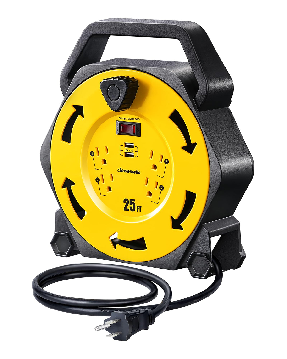 DEWENWILS front view showing reel and four outlets for organized power