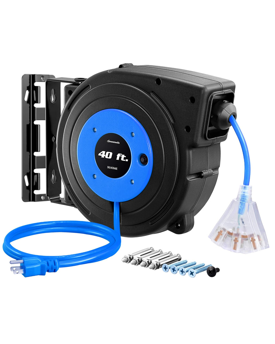 DEWENWILS heavy-duty cord reel with 40ft cord and blue housing for garage use.