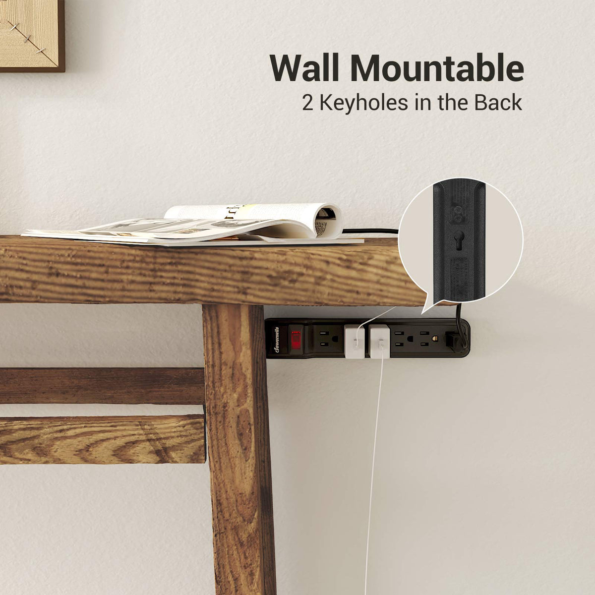 DEWENWILS power strip in use behind a TV entertainment center providing clean cable management