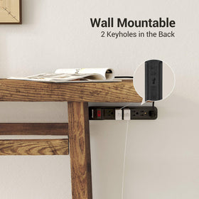DEWENWILS power strip in use behind a TV entertainment center providing clean cable management