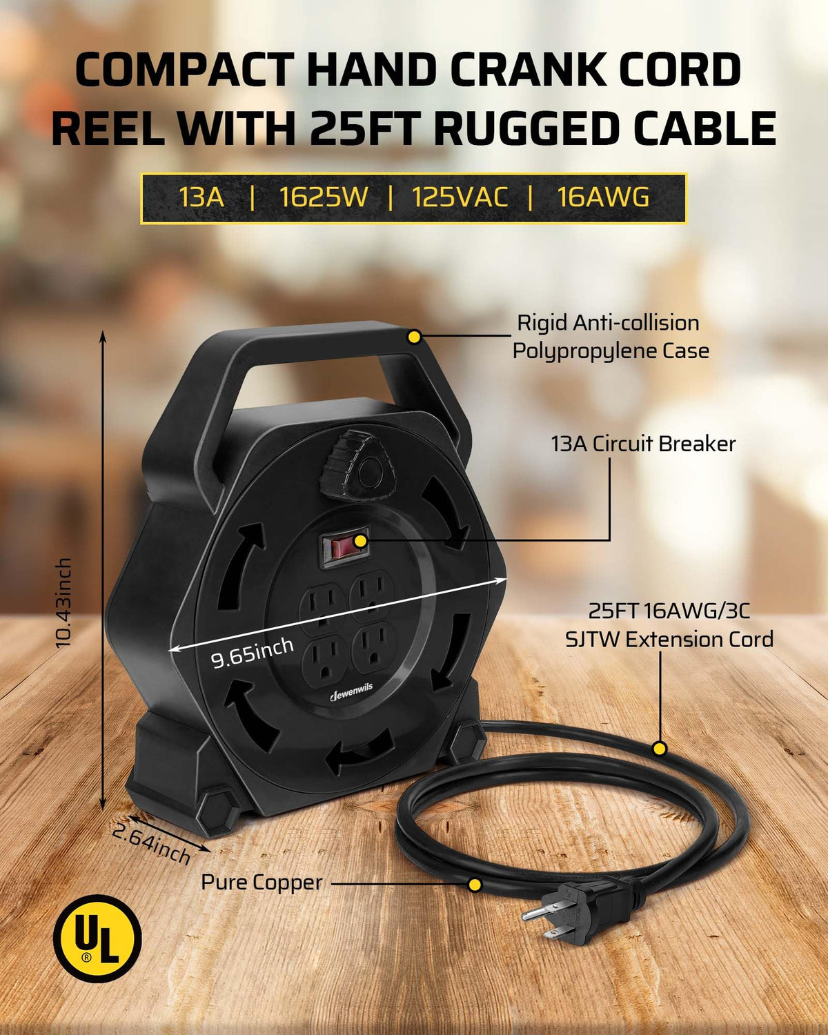 DEWENWILS cord reel powering tools on a workbench for convenient access
