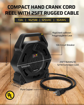 DEWENWILS cord reel powering tools on a workbench for convenient access