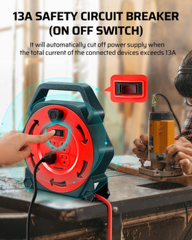 DEWENWILS reel on a workbench supplying power to tools illustrating organized onsite use
