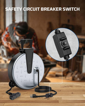 DEWENWILS ceiling-mounted reel suspended in garage for out-of-the-way power access