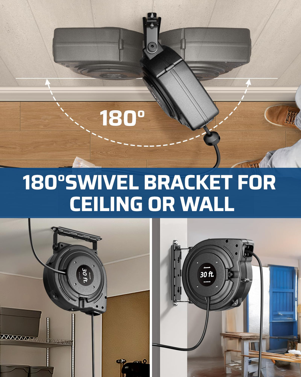 DEWENWILS wall-mounted reel swivel positioned for directional cable deployment and convenience