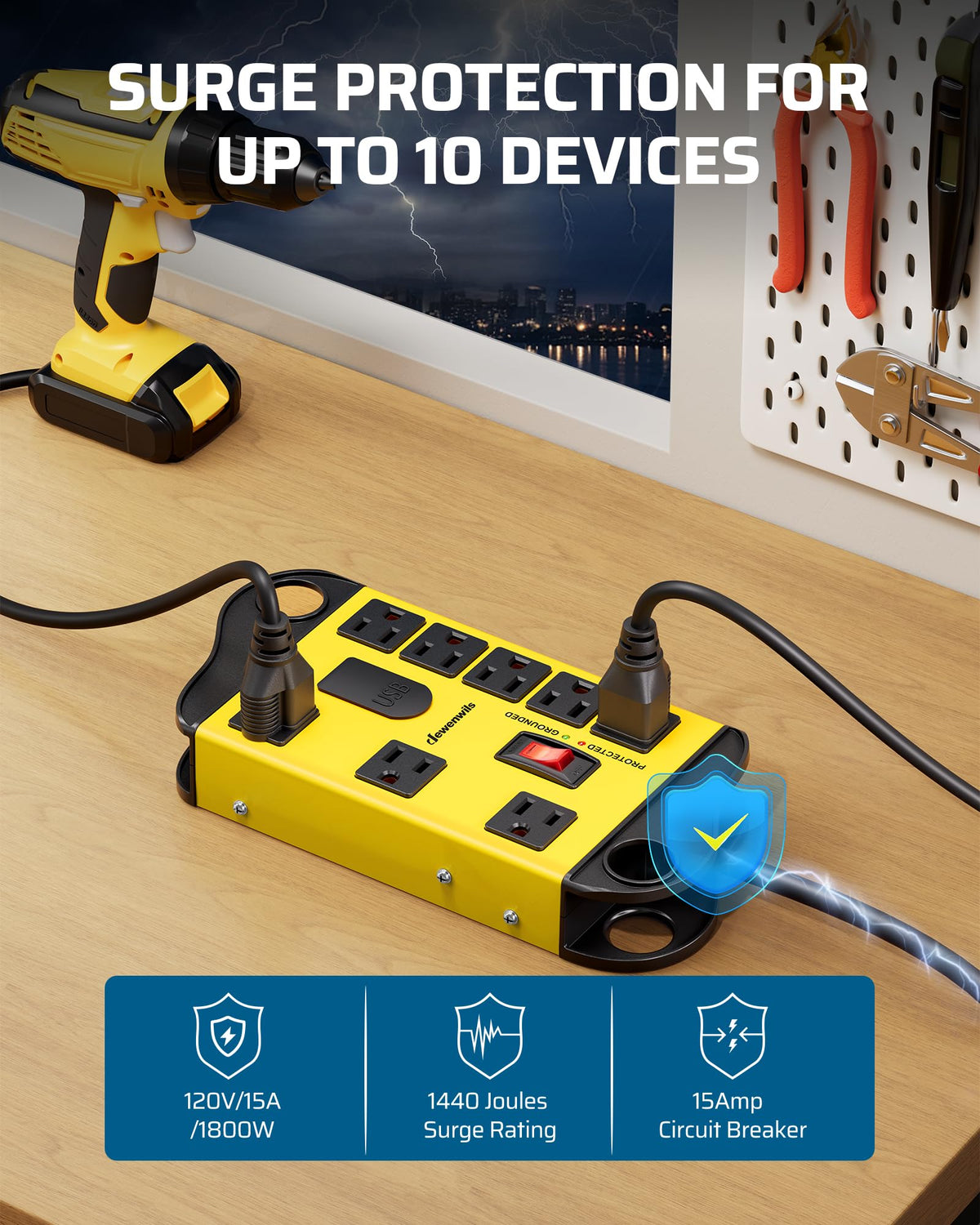 DEWENWILS wide-spaced outlets prevent bulky adapters from blocking sockets