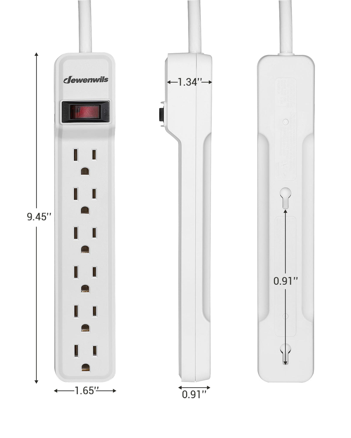DEWENWILS power strip next to smartphone to show compact size and outlet spacing