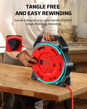 DEWENWILS reel mounted on garage bench demonstrating organized power