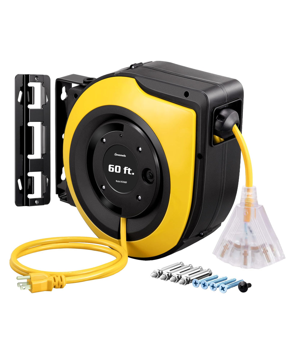Dewenwils retractable cord reel 60ft side view with flexible reach.
