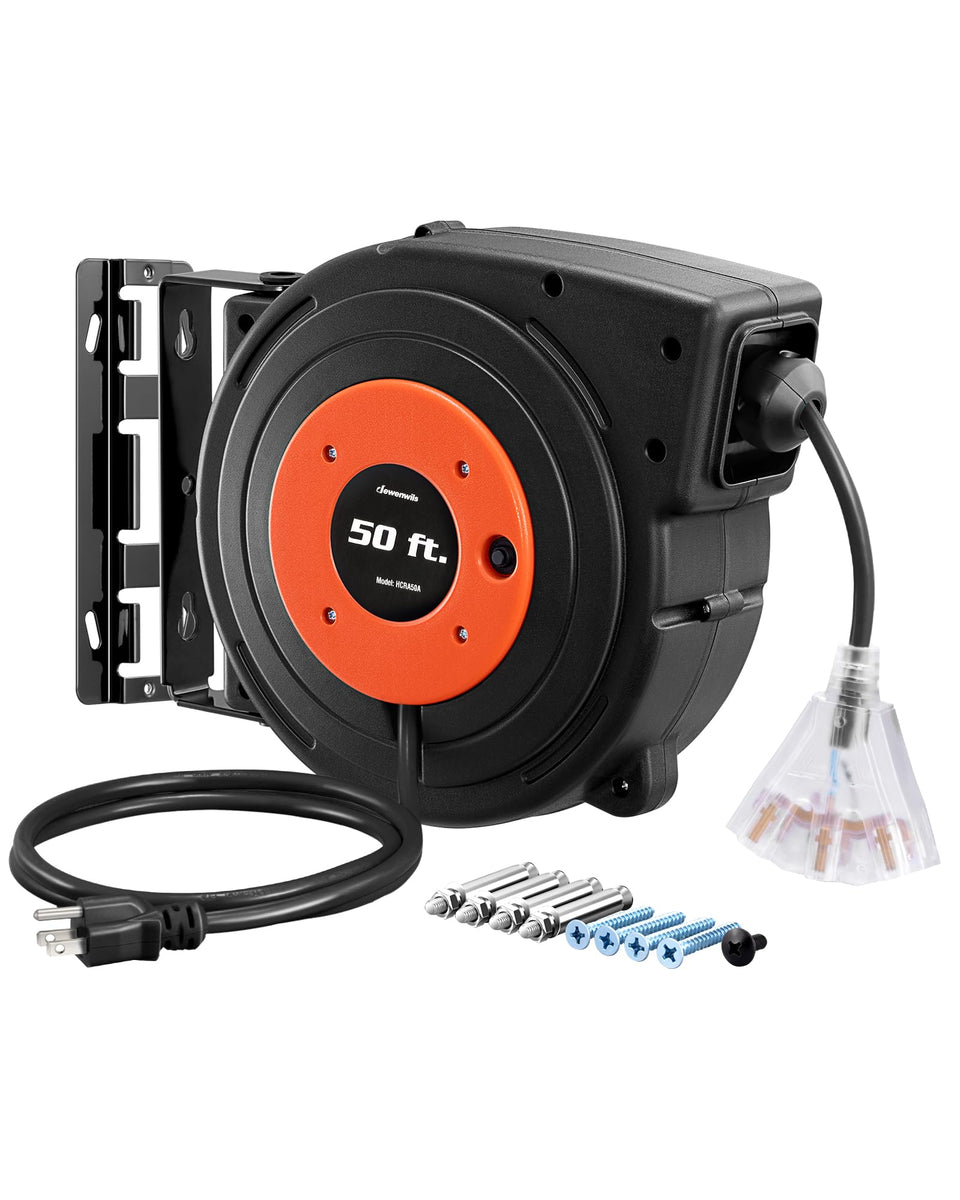 DEWENWILS retractable reel with 50 ft cord for flexible workshop power.