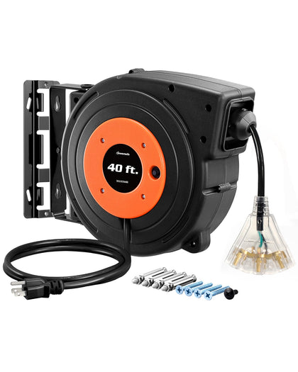 DEWENWILS retractable extension cord reel with 40 ft cord for organized workspaces