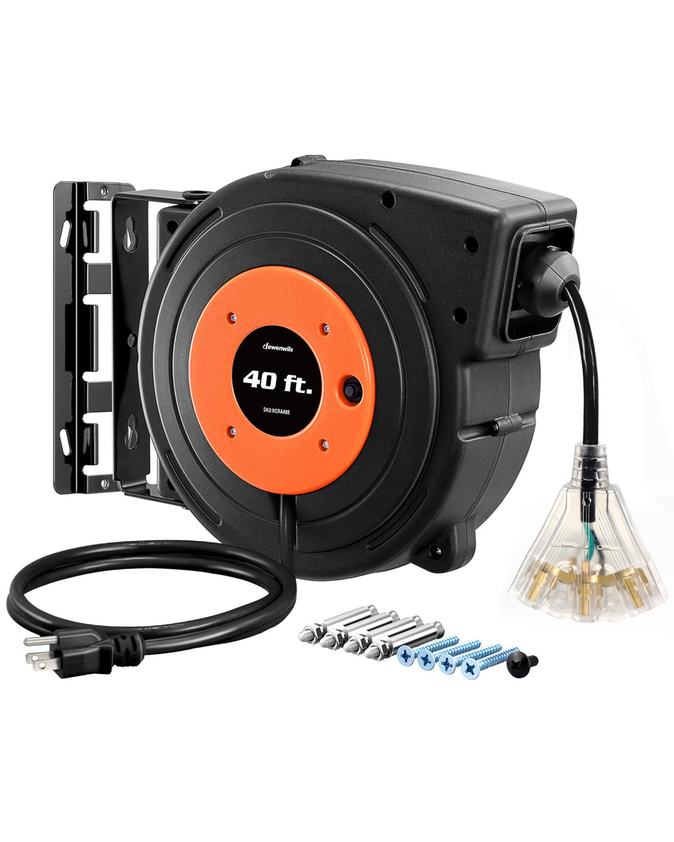 DEWENWILS retractable extension cord reel with 40 ft cord for organized workspaces