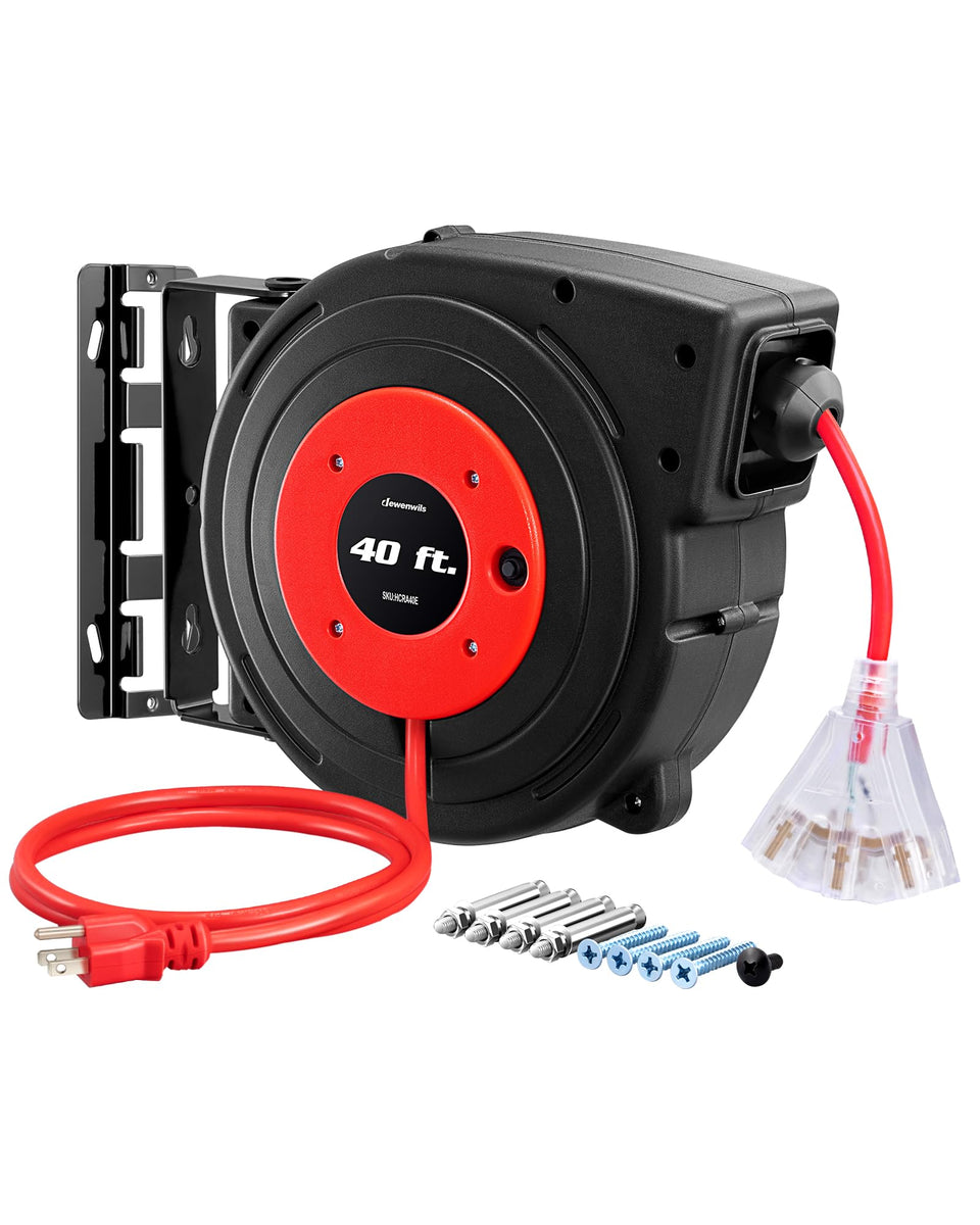 DEWENWILS retractable extension cord reel with 40 ft cord for tidy workspace.