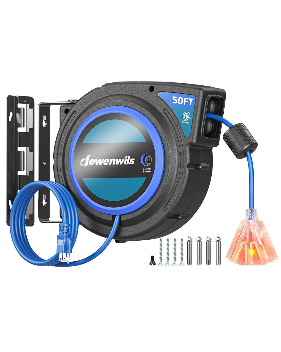 DEWENWILS retractable extension cord reel 50ft extended cord for flexible reach